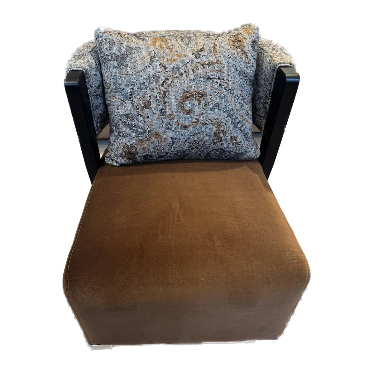 Pietra Armchair — front view, brown velvet seat with patterned back cushion and black wood frame, Nuvera New York